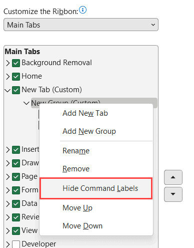 Ẩn nhãn lệnh để chỉ hiển thị biểu tượng