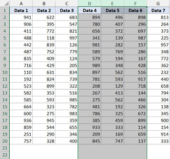 Ba cột liên tiếp D E F được chọn bằng cách kéo chuột
