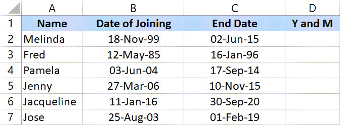 Bảng dữ liệu chuẩn bị cho việc tính toán kết hợp năm và tháng thâm niên