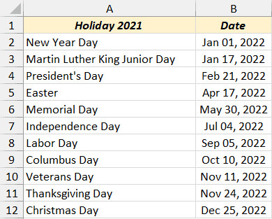 Bảng dữ liệu danh sách các ngày lễ và sự kiện quan trọng trong Excel