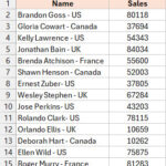 Bảng dữ liệu Excel gồm tên nhân viên và mã quốc gia ở cuối chuỗi để tính tổng