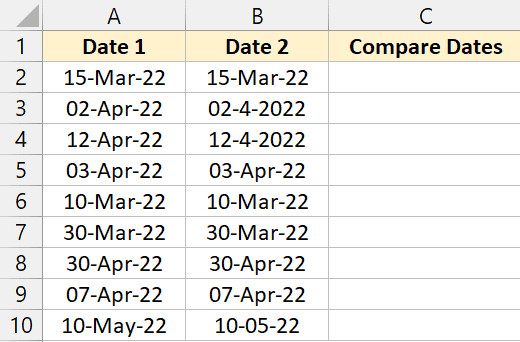 Bảng dữ liệu Excel hiển thị kết quả so sánh ngày tháng bằng công thức dấu bằng