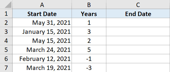Bảng dữ liệu Excel với cột số năm cần cộng thêm vào ngày gốc