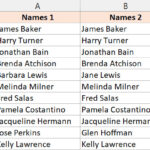 Bảng dữ liệu mẫu gồm hai cột tên cần so sánh trong Excel