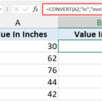 Bảng tính Excel minh họa công thức chuyển đổi từ Inches sang Milimet
