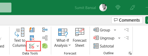 Biểu tượng Data Validation trong nhóm công cụ Data Tools