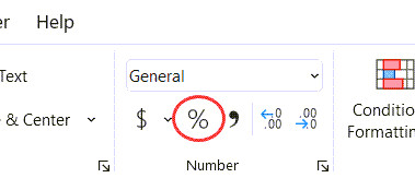 Biểu tượng định dạng phần trăm trên thanh công cụ Excel