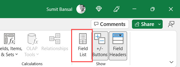 Biểu tượng Field List trong nhóm lệnh Show dùng để bật tắt bảng danh sách trường