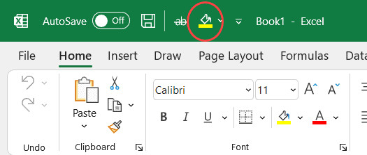Biểu tượng Fill Color đã được thêm vào thanh Quick Access Toolbar