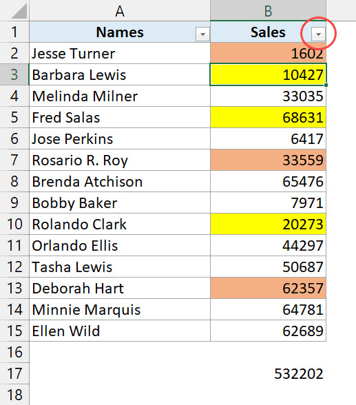 Biểu tượng mũi tên lọc xuất hiện trên tiêu đề cột Sales