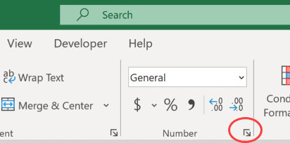 Biểu tượng mũi tên mở rộng nhóm Number trên thanh Ribbon
