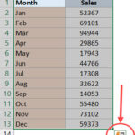 Biểu tượng Quick Analysis xuất hiện khi chọn dữ liệu