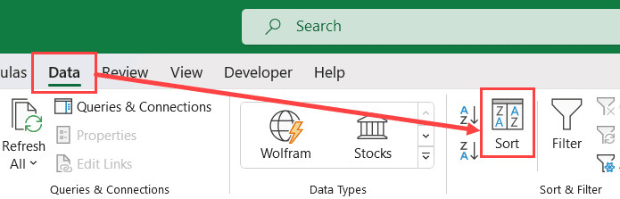 Biểu tượng Sort trong thẻ Data trên thanh công cụ