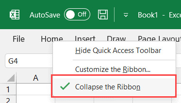 Bỏ chọn Collapse the Ribbon để hiển thị lại đầy đủ công cụ