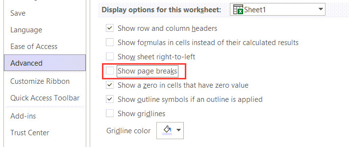Bỏ chọn ô Show page breaks