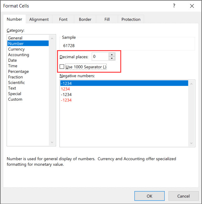 Bỏ chọn ô Use 1000 Separator để xóa dấu phẩy khỏi số