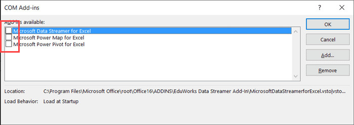 Bỏ chọn tất cả các add-ins hiện có trong hộp thoại