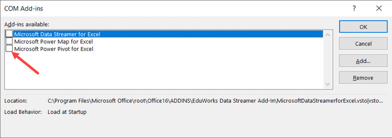 Bỏ chọn tất cả các Add-ins trong danh sách