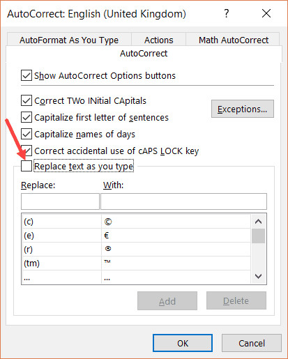 Bỏ chọn tính năng Replace text as you type