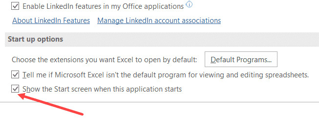 Bỏ chọn tùy chọn hiển thị màn hình bắt đầu trong cài đặt General