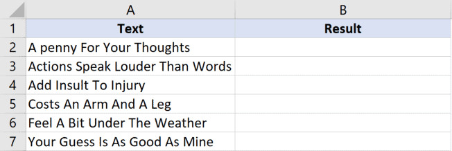 Bộ dữ liệu ví dụ cần chuyển đổi văn bản sang dạng câu chuẩn trong Excel