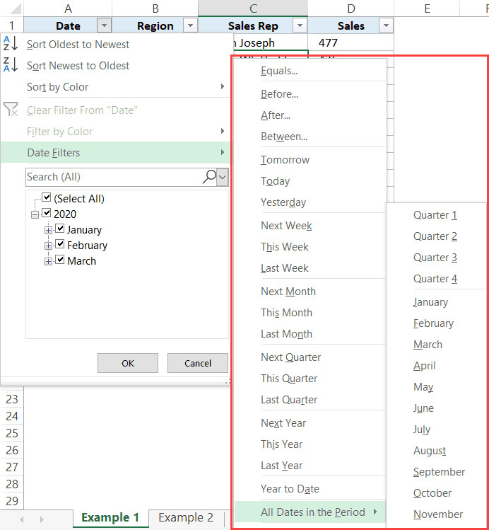Bộ lọc Ngày trong Excel