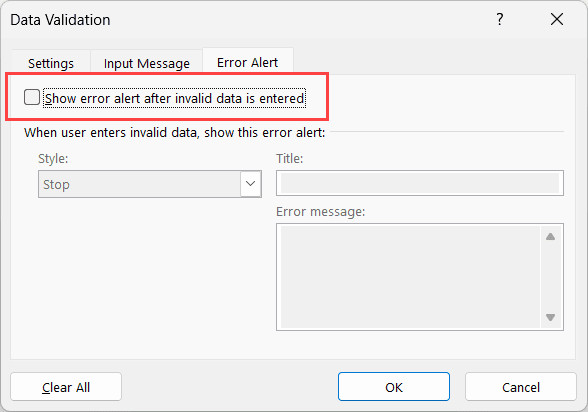 Bỏ tích tùy chọn hiển thị thông báo lỗi khi nhập dữ liệu không hợp lệ