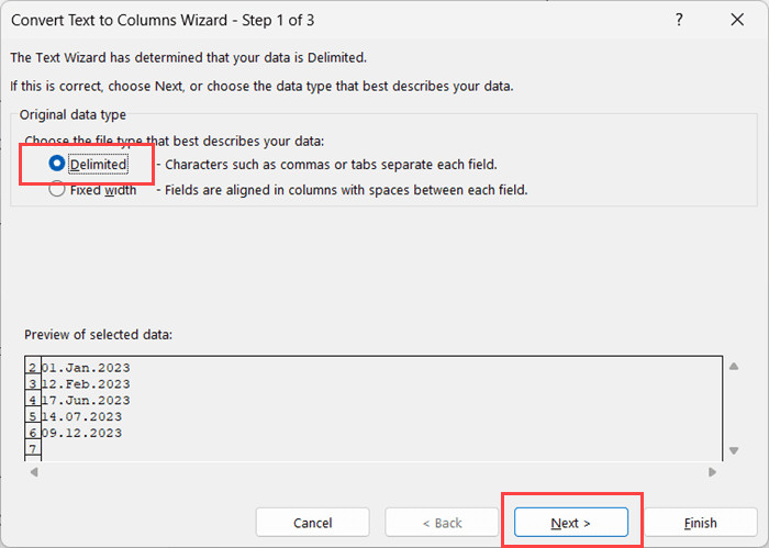 Bước 1 của trình hướng dẫn Text to Columns
