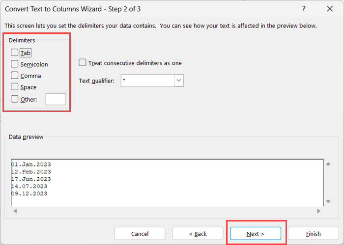 Bước 2 đảm bảo không có ký tự phân cách nào được chọn