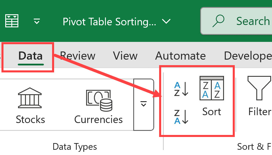 Các biểu tượng sắp xếp nhanh nằm trên tab Data của thanh công cụ Excel