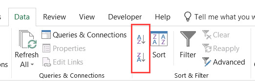 Các biểu tượng sắp xếp nhanh trong thẻ Data trên Ribbon