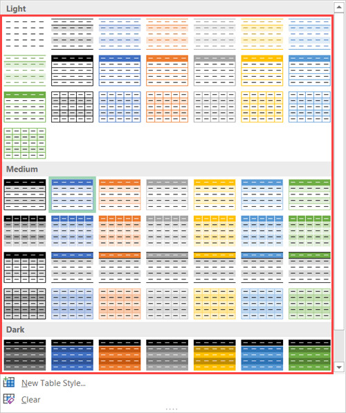 Các mẫu định dạng bảng có sẵn trong thư viện Excel