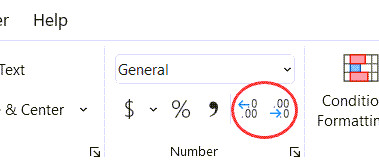 Các nút tăng giảm số lượng chữ số thập phân trong Excel