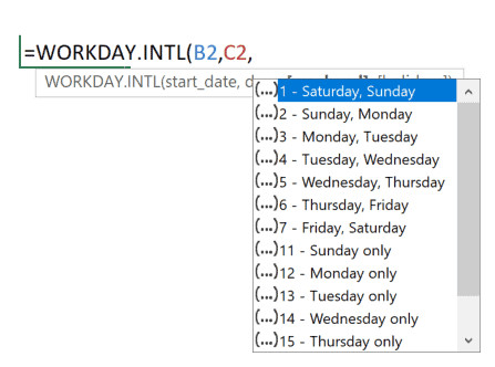 Các tham số tùy chọn ngày nghỉ của hàm WORKDAY.INTL