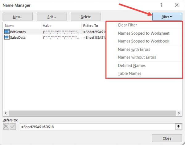Các tùy chọn lọc trong Name Manager để tìm tên bị lỗi