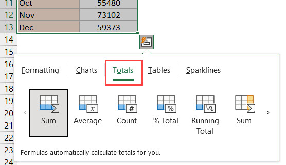 Các tùy chọn tính tổng trong Quick Analysis
