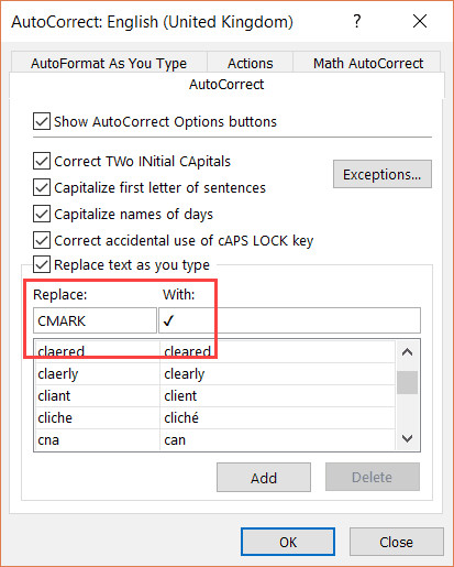 Cài đặt Autocorrect để chuyển mã CMARK thành dấu tích