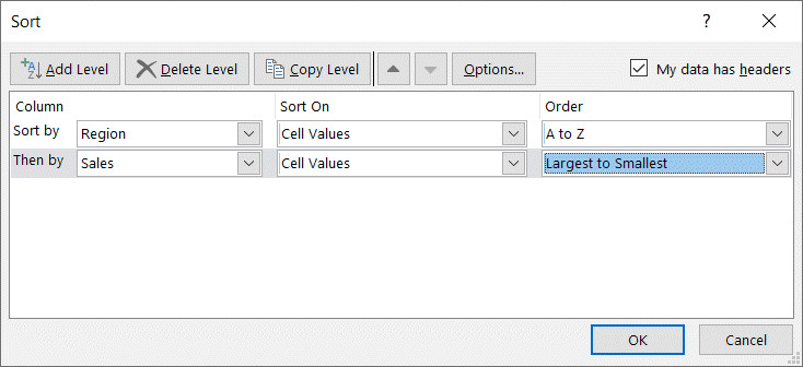 Cài đặt cấp độ sắp xếp thứ hai trong hộp thoại