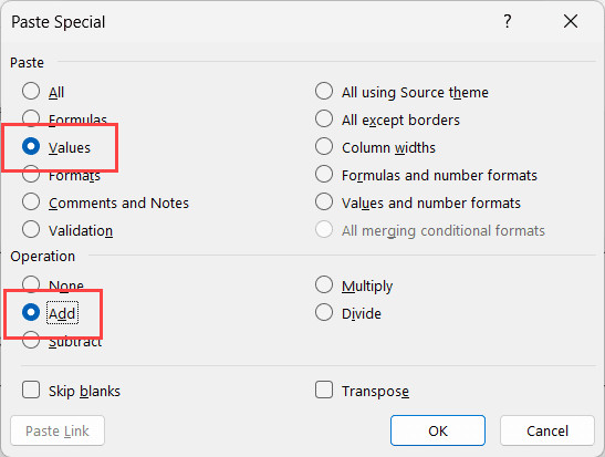 Cấu hình hộp thoại Paste Special để thực hiện phép cộng