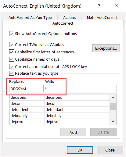Cấu hình thay thế mã degsym thành biểu tượng độ