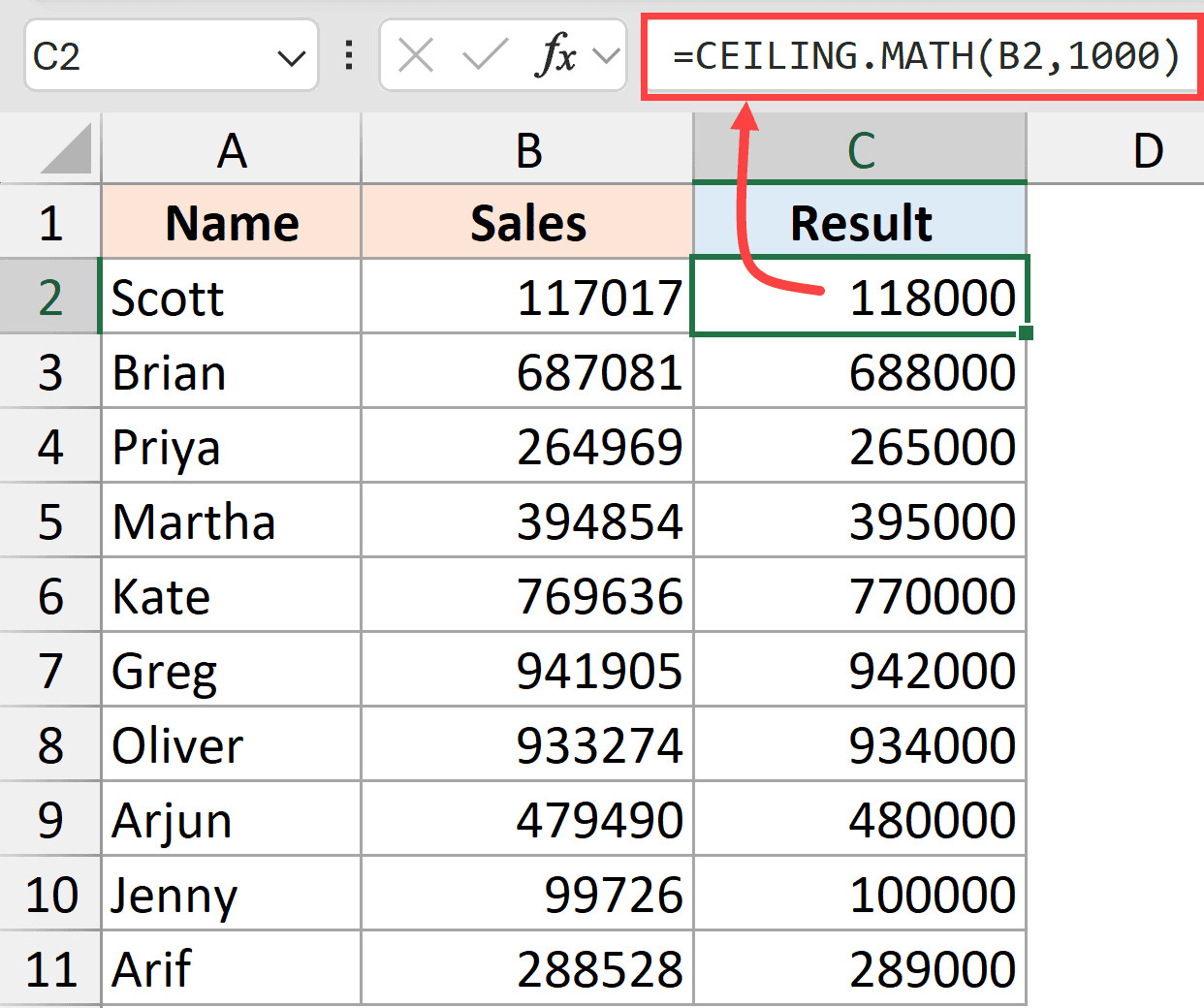 CEILING.MATH làm tròn lên trần theo bội số