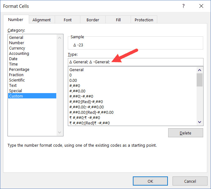 Change the custom format of the cells