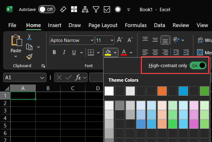 Chế độ High contrast only được bật trong bảng chọn màu của Excel
