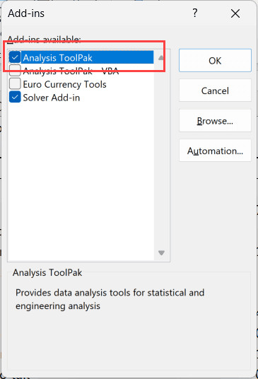 Check the Analysis Toolpak option