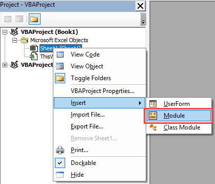 Chèn Module mới trong Excel VB Editor