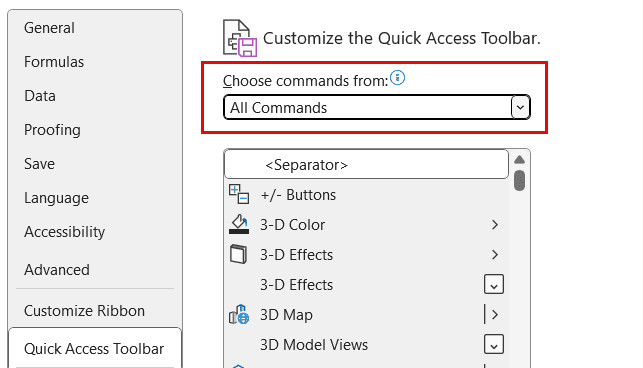 Chọn All Commands từ danh sách lệnh