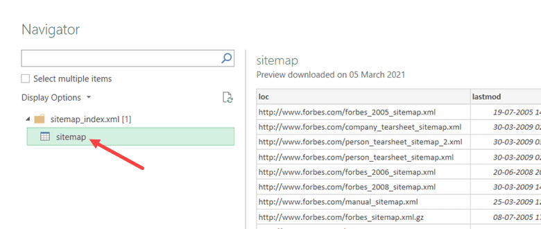 Chọn bảng sitemap ở khung bên trái cửa sổ Navigator để xem trước dữ liệu