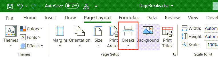 Chọn biểu tượng Breaks trong nhóm Page Setup