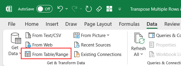 Chọn biểu tượng From Table or Range
