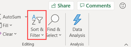 Chọn biểu tượng Sort and Filter để mở menu sắp xếp